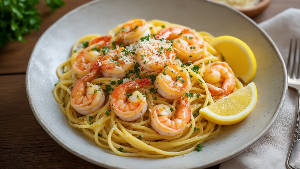 colorful shrimp pasta presentation